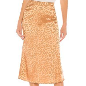 J.O.A. Bias Cut Midi Skirt in Satin Gold Leopard, Size Small